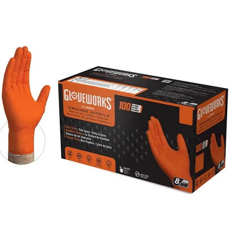 GloveWorks Heavy-Duty Powder-Free Orange Nitrile Large Gloves 100 pk