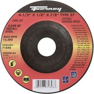 Forney 71848 Type 27 Metal Cut-Off Wheel 4-1/2”x1/8”x7/8”