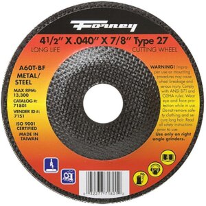Forney 71801 Type 27 Metal Cut-Off Wheel 60 Grit 4-1/2”x.04”x7/8”