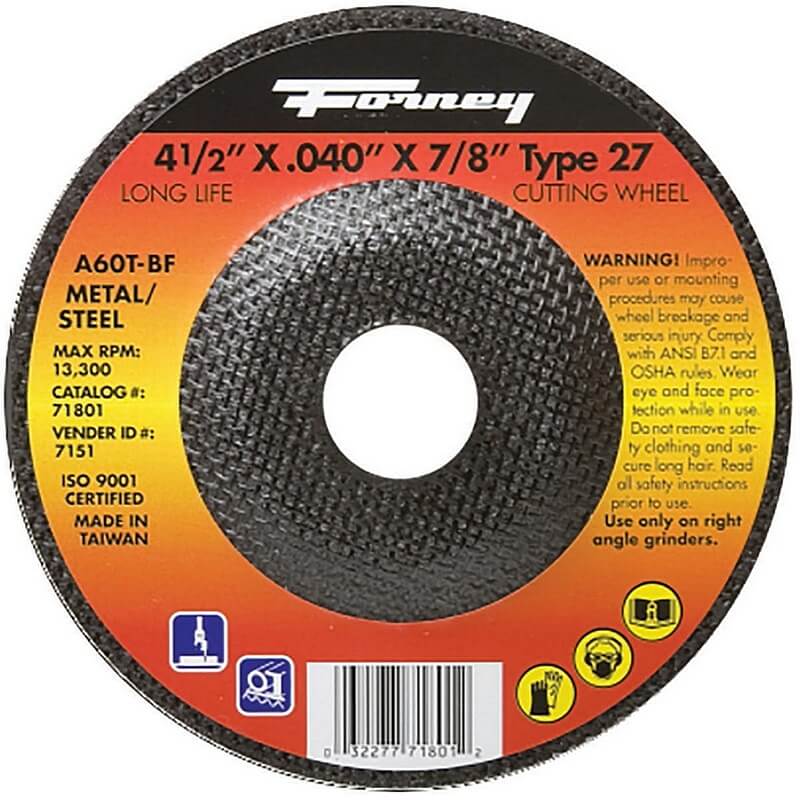 Forney 71801 Type 27 Metal Cut-Off Wheel 60 Grit 4-1/2”x.04”x7/8”