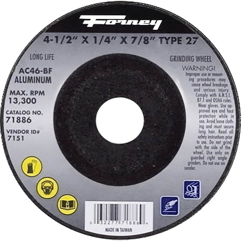 Forney 71886 Type 27 Metal Grinding Wheel 4-1/2”x1/4”x7/8”