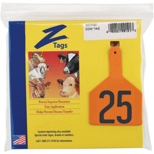 Z1 No Snag Orange Cow Tags 1-25