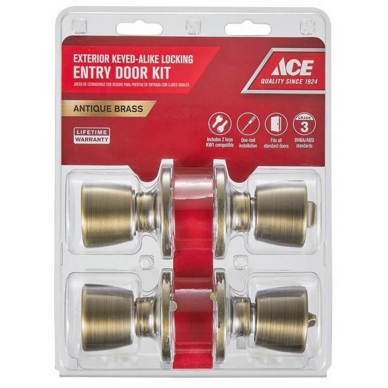 Ace Tulip Antique Brass Entry Door Knob Kit 1-3/4” 2 pk