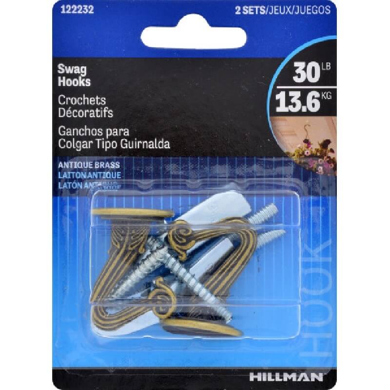 Hillman Antique Brass Swag Hooks 2 pk
